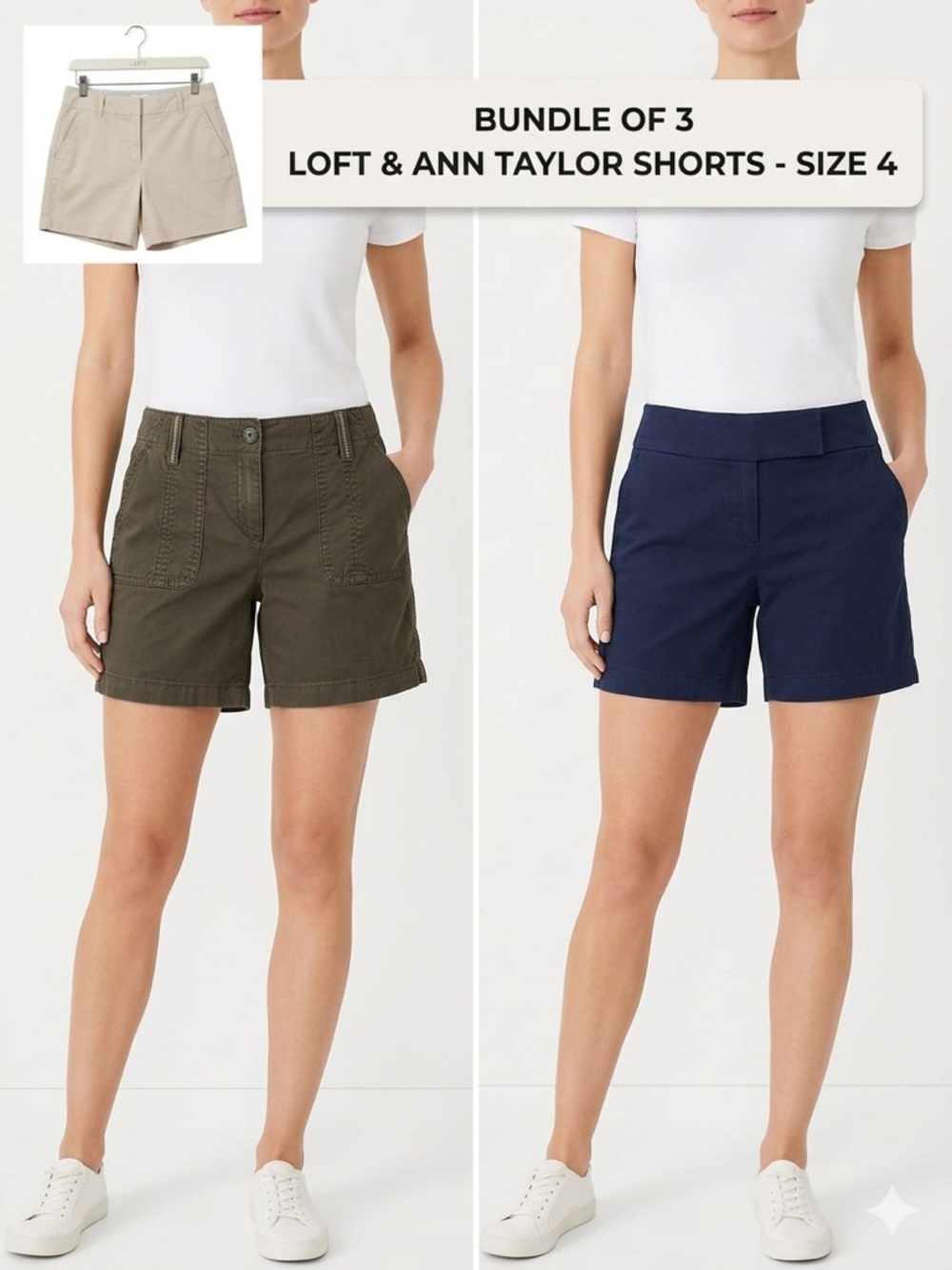 Bundle of 3 Ann Taylor & LOFT Chino Shorts Size 4 Olive Beige Navy